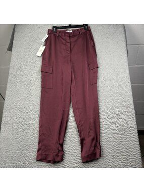 Aritzia Babaton Women’s 6 Burgundy Refined Satin Cargo Pants Cuff Buckle Ankle